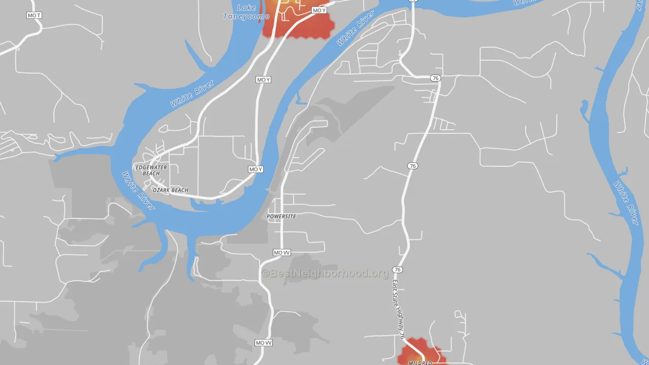 Walk Grade map of Powersite, MO, walkable areas in green and car-dependent areas in red