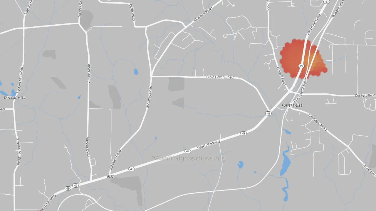 Walk Grade map of Powersville, GA, walkable areas in green and car-dependent areas in red