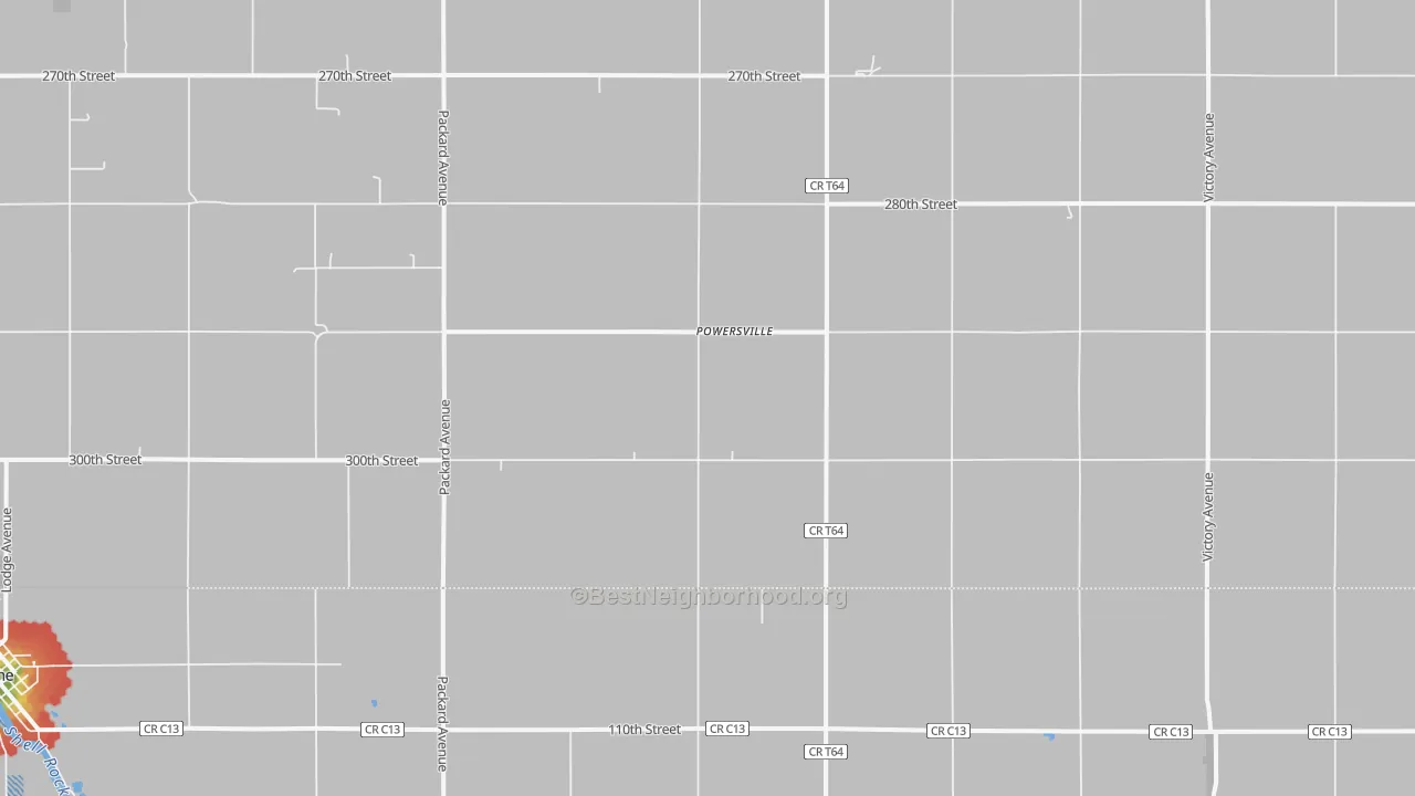 Walk Grade map of Powersville, IA, walkable areas in green and car-dependent areas in red