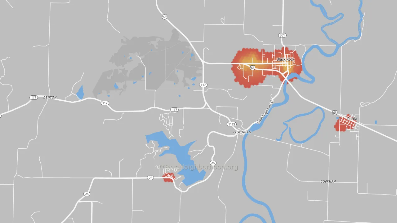 Walk Grade map of Powhatan, AR, walkable areas in green and car-dependent areas in red
