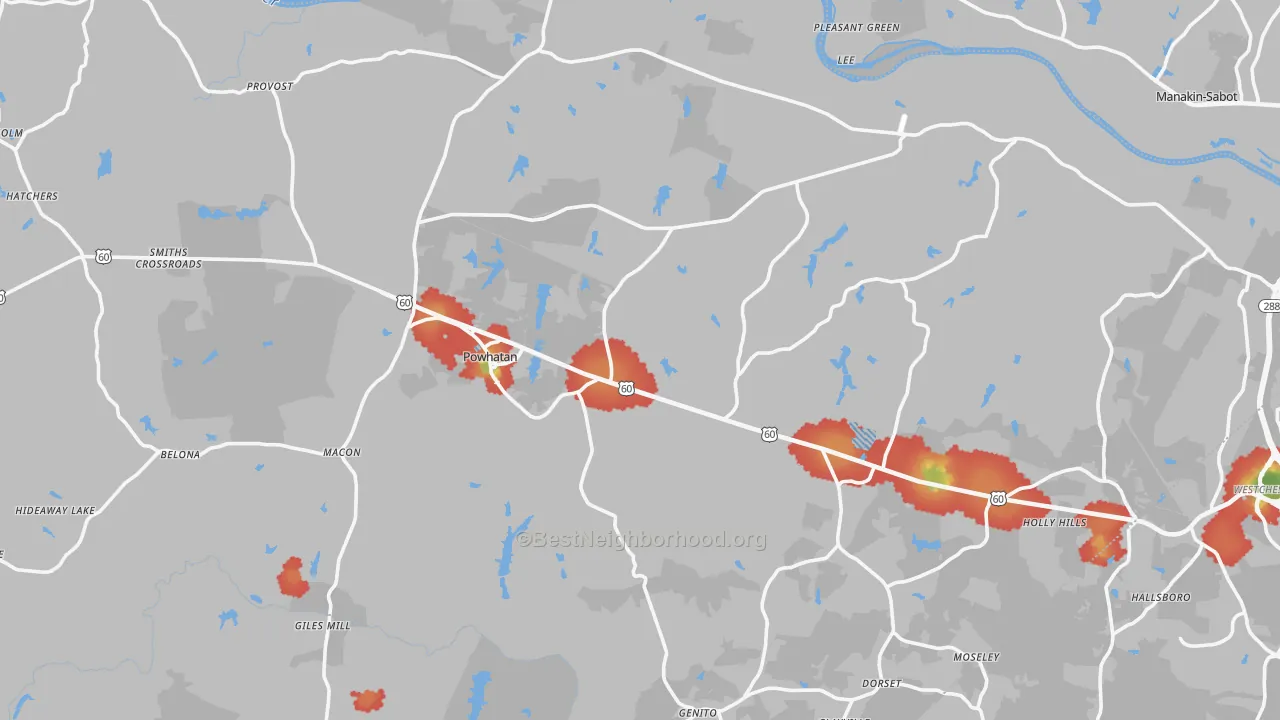 Walk Grade map of Powhatan County, VA, walkable areas in green and car-dependent areas in red