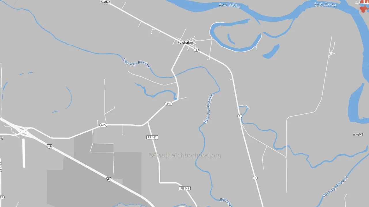 Walk Grade map of Powhatan, LA, walkable areas in green and car-dependent areas in red