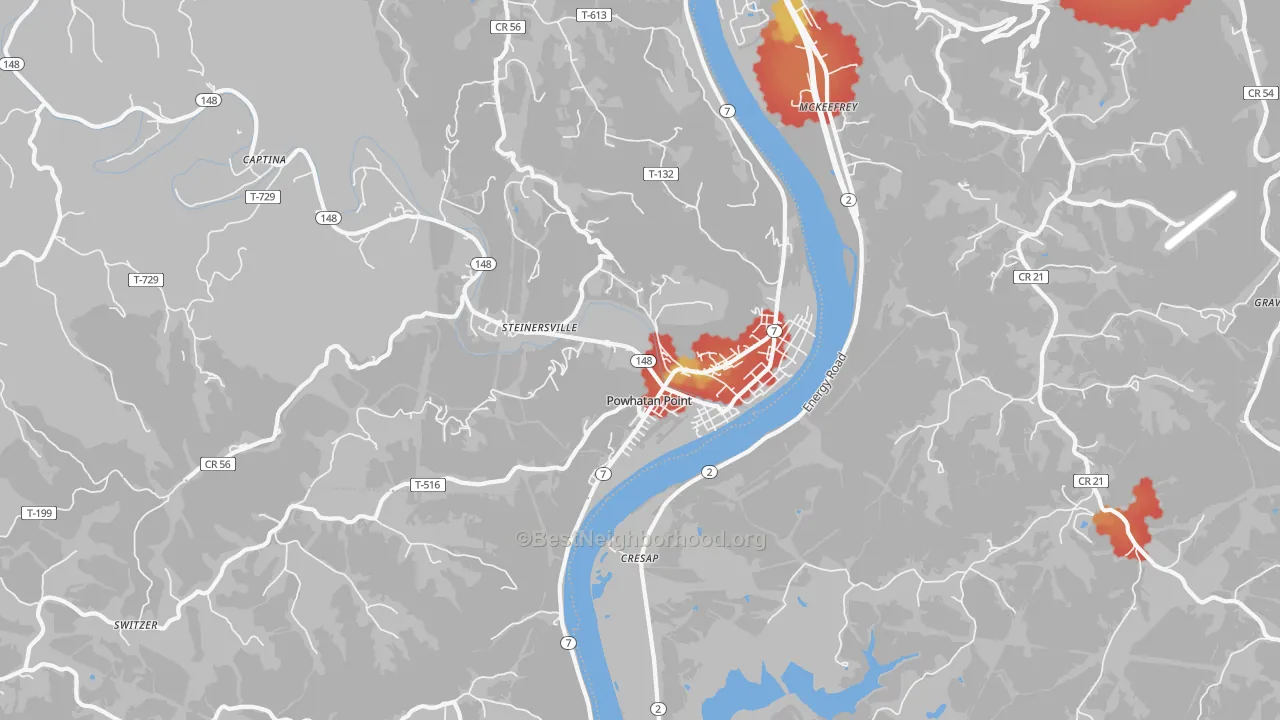 Walk Grade map of Powhatan Point, OH, walkable areas in green and car-dependent areas in red