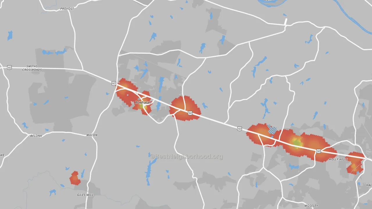 Walk Grade map of Powhatan, VA, walkable areas in green and car-dependent areas in red