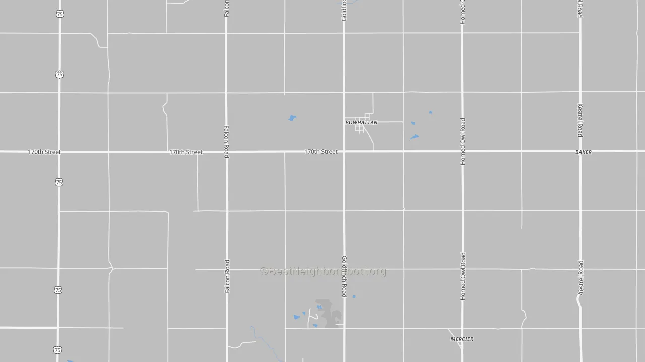 Walk Grade map of Powhattan, KS, walkable areas in green and car-dependent areas in red