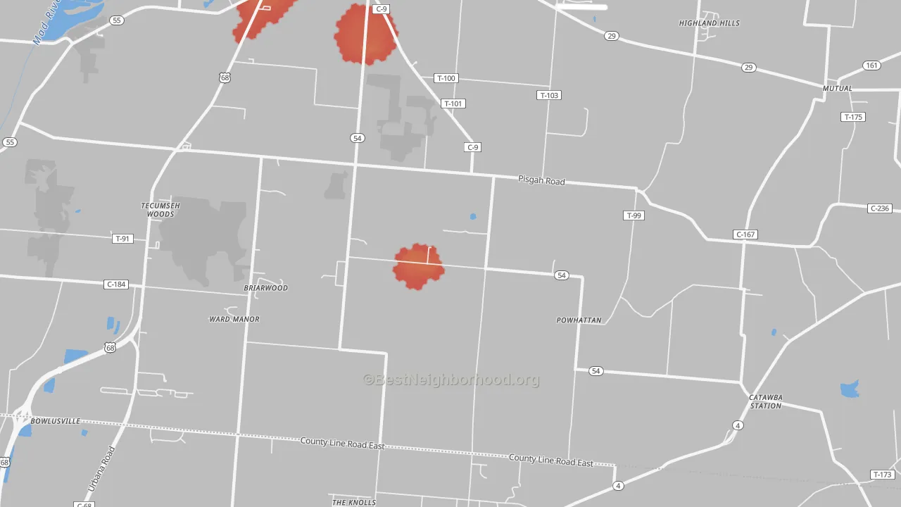 Walk Grade map of Powhatton, OH, walkable areas in green and car-dependent areas in red