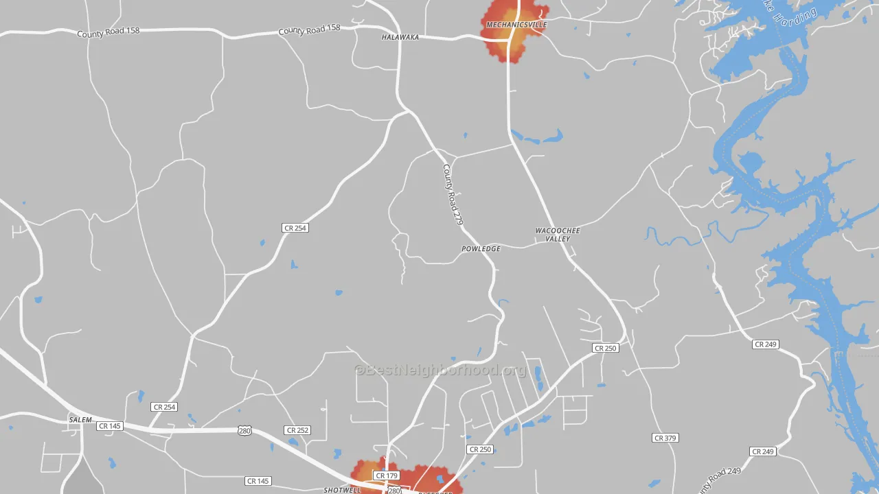 Walk Grade map of Powledge, AL, walkable areas in green and car-dependent areas in red