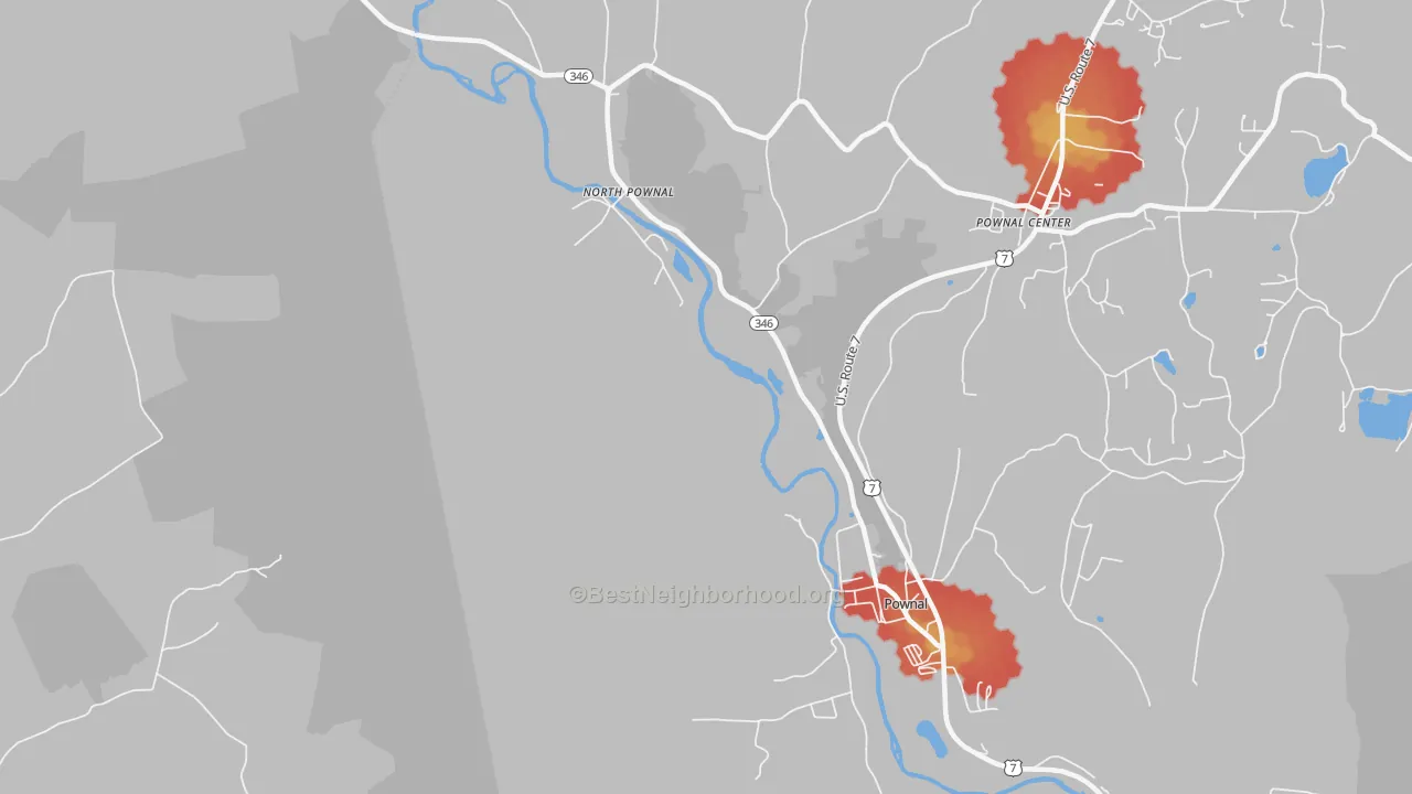 Walk Grade map of Pownal Center, VT, walkable areas in green and car-dependent areas in red