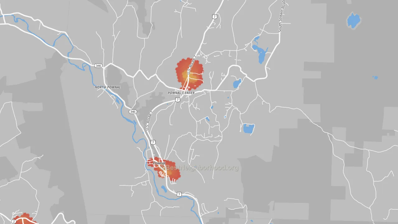Walk Grade map of Pownal, VT, walkable areas in green and car-dependent areas in red
