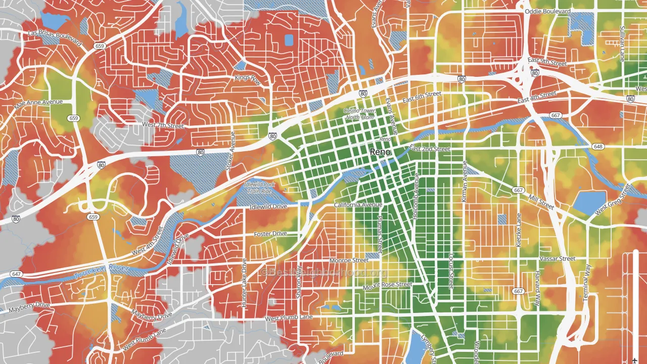 Walk Grade map of Powning Addition, Reno, NV, walkable areas in green and car-dependent areas in red