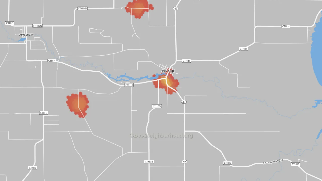 Walk Grade map of Poy Sippi, WI, walkable areas in green and car-dependent areas in red