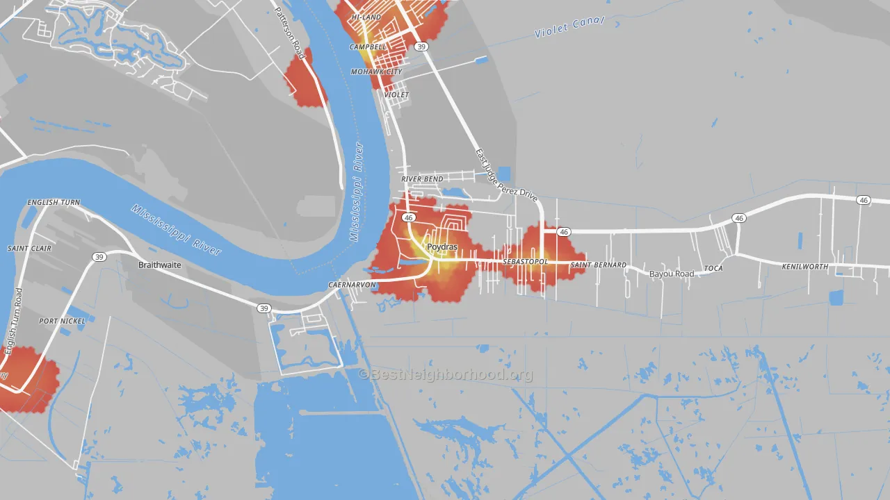 Walk Grade map of Poydras, LA, walkable areas in green and car-dependent areas in red