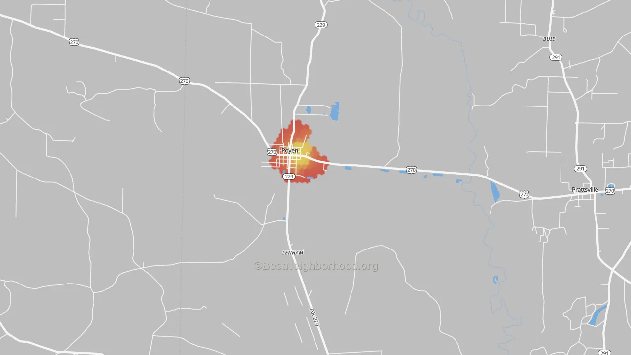 Walk Grade map of Poyen, AR, walkable areas in green and car-dependent areas in red
