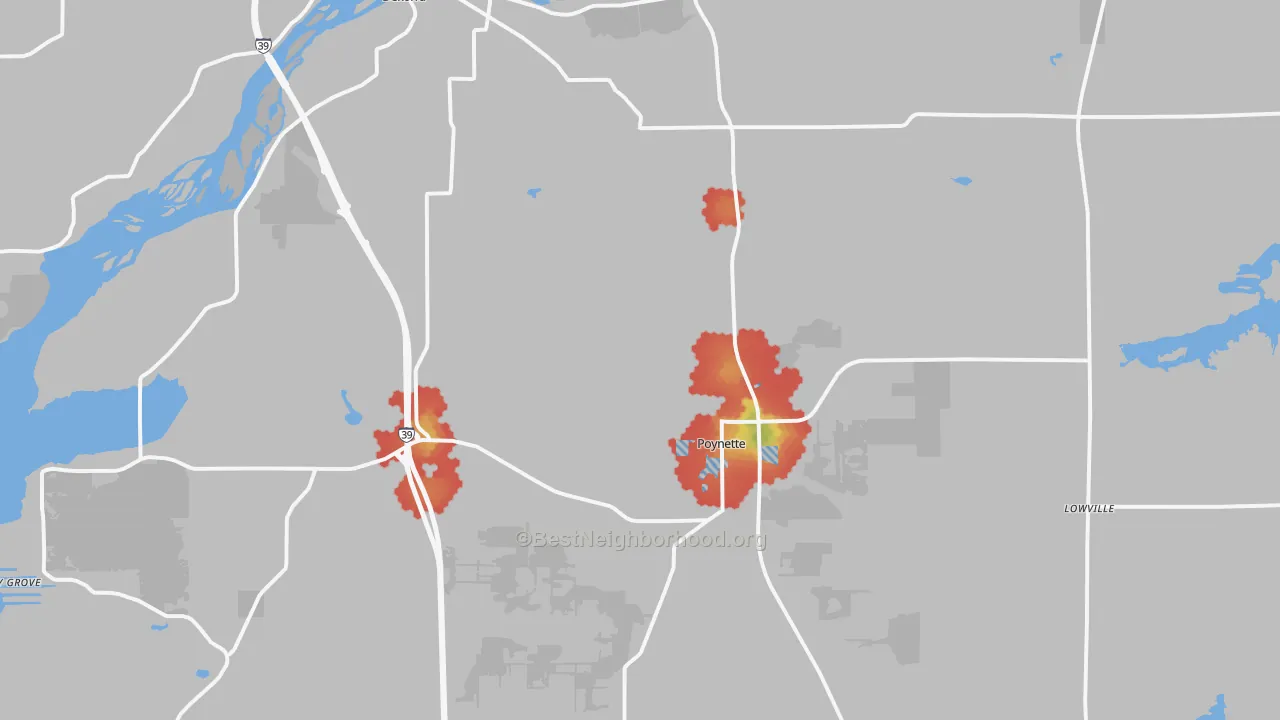 Walk Grade map of Poynette, WI, walkable areas in green and car-dependent areas in red