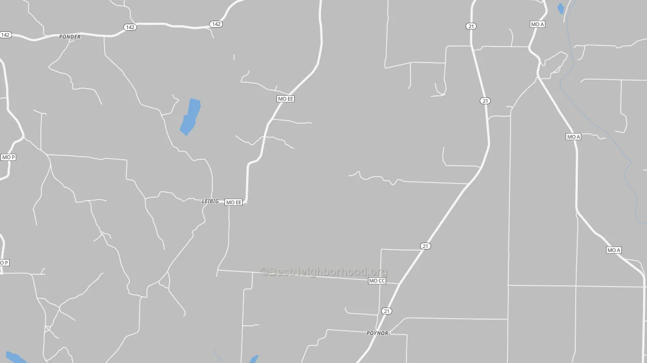 Walk Grade map of Poynor, MO, walkable areas in green and car-dependent areas in red