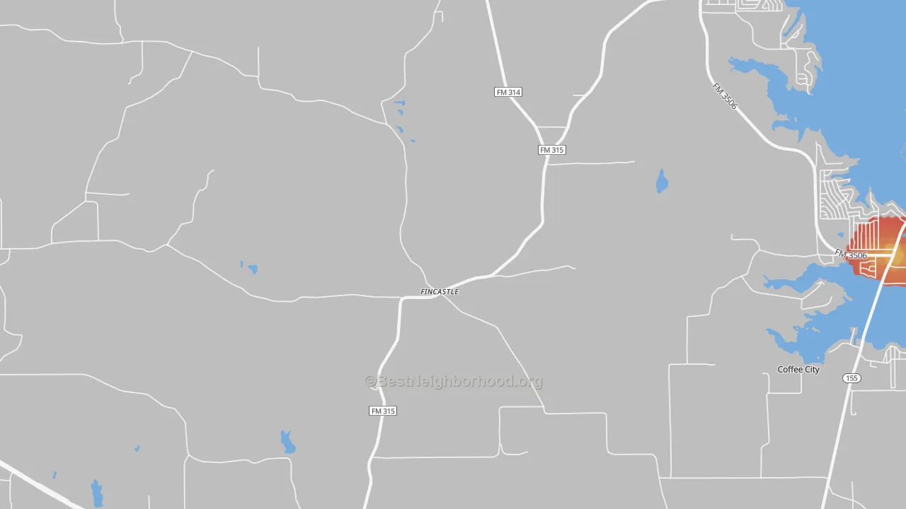 Walk Grade map of Poynor, TX, walkable areas in green and car-dependent areas in red