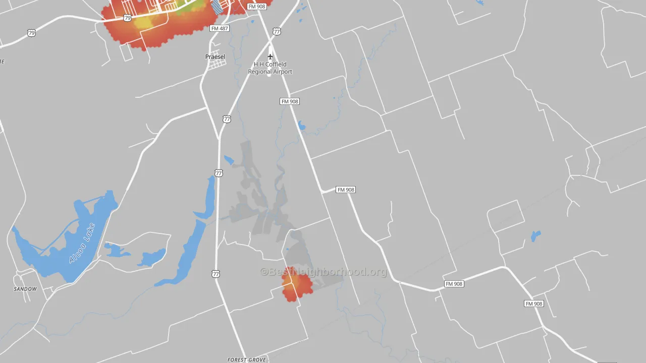 Walk Grade map of Praesel, TX, walkable areas in green and car-dependent areas in red