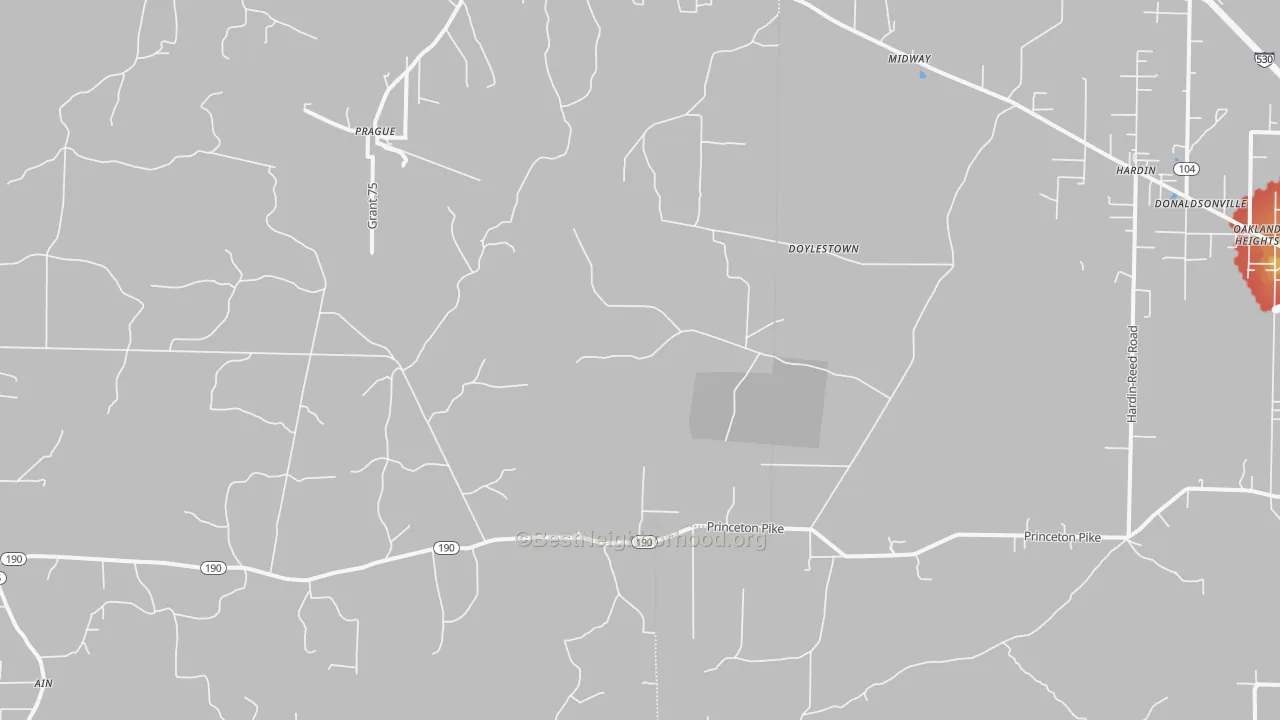 Walk Grade map of Prague, AR, walkable areas in green and car-dependent areas in red