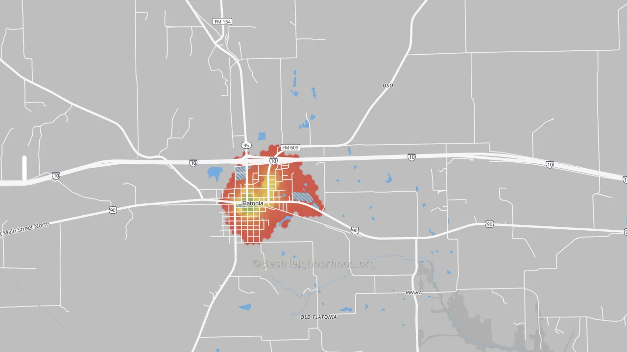 Walk Grade map of Praha, TX, walkable areas in green and car-dependent areas in red
