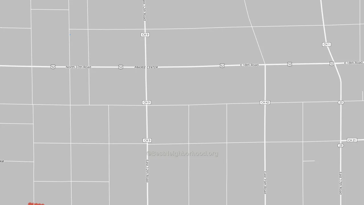 Walk Grade map of Prairie Center, IL, walkable areas in green and car-dependent areas in red