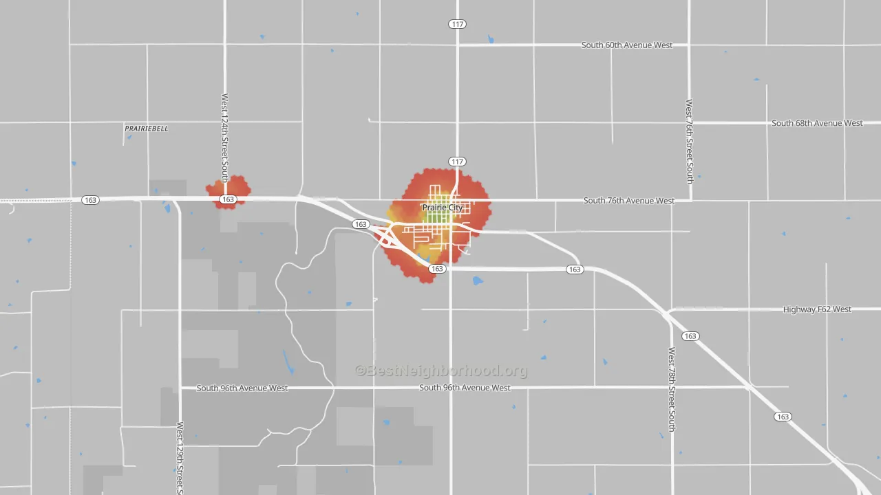 Walk Grade map of Prairie City, IA, walkable areas in green and car-dependent areas in red