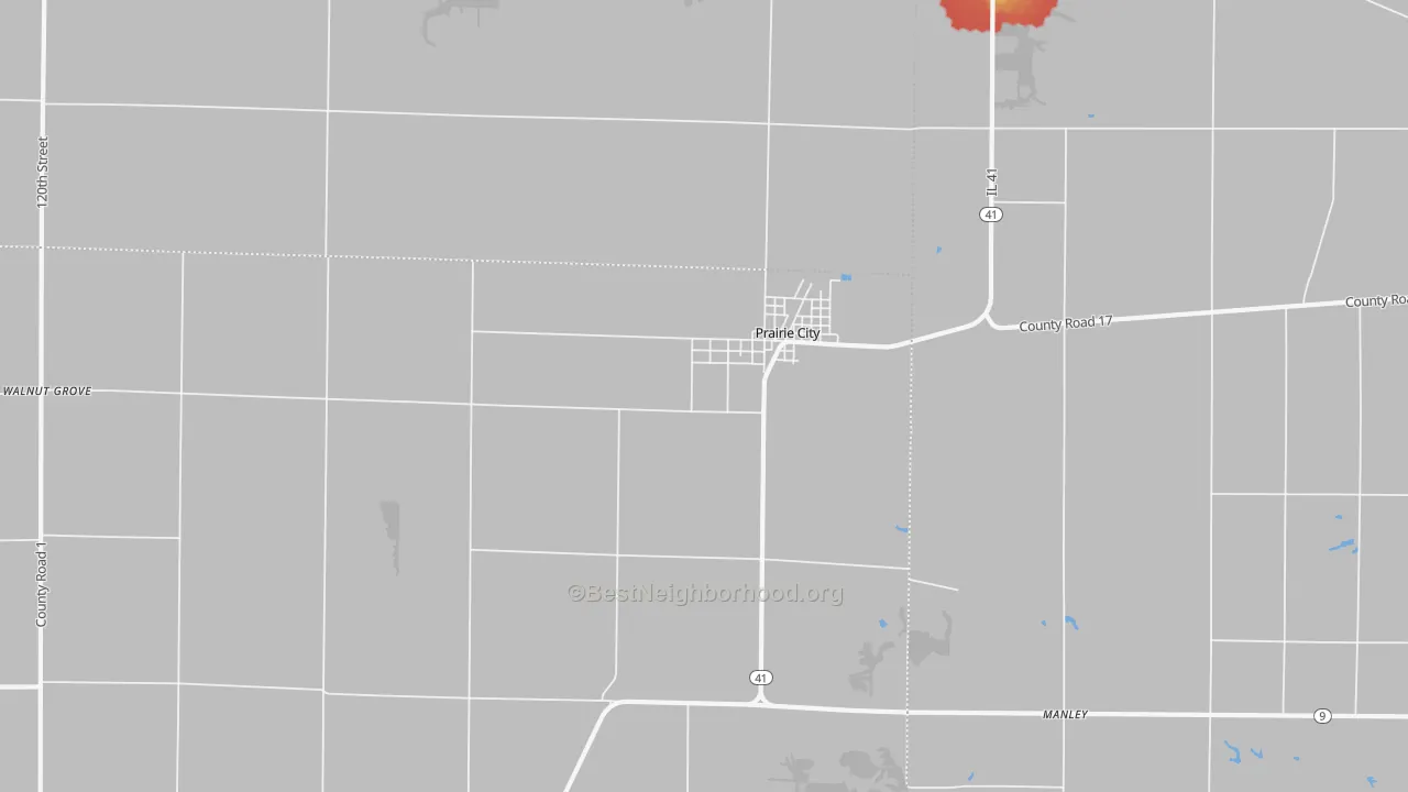 Walk Grade map of Prairie City, IL, walkable areas in green and car-dependent areas in red