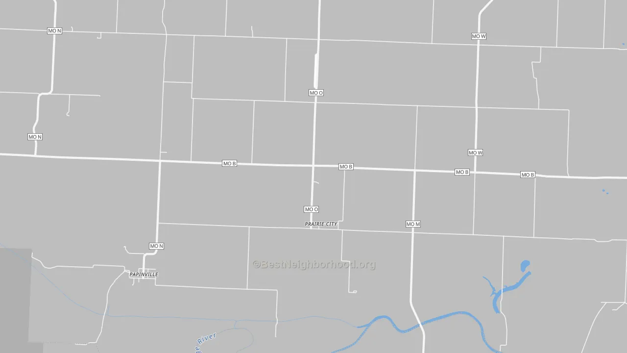 Walk Grade map of Prairie City, MO, walkable areas in green and car-dependent areas in red