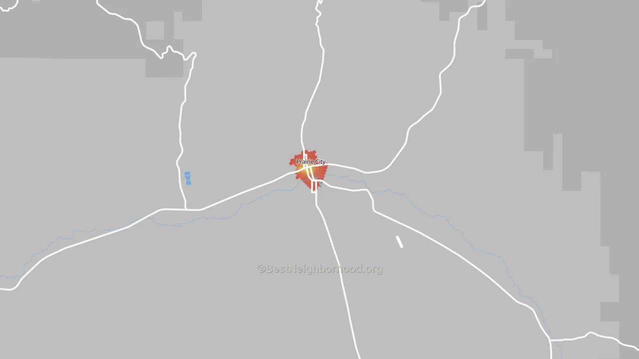 Walk Grade map of Prairie City, OR, walkable areas in green and car-dependent areas in red