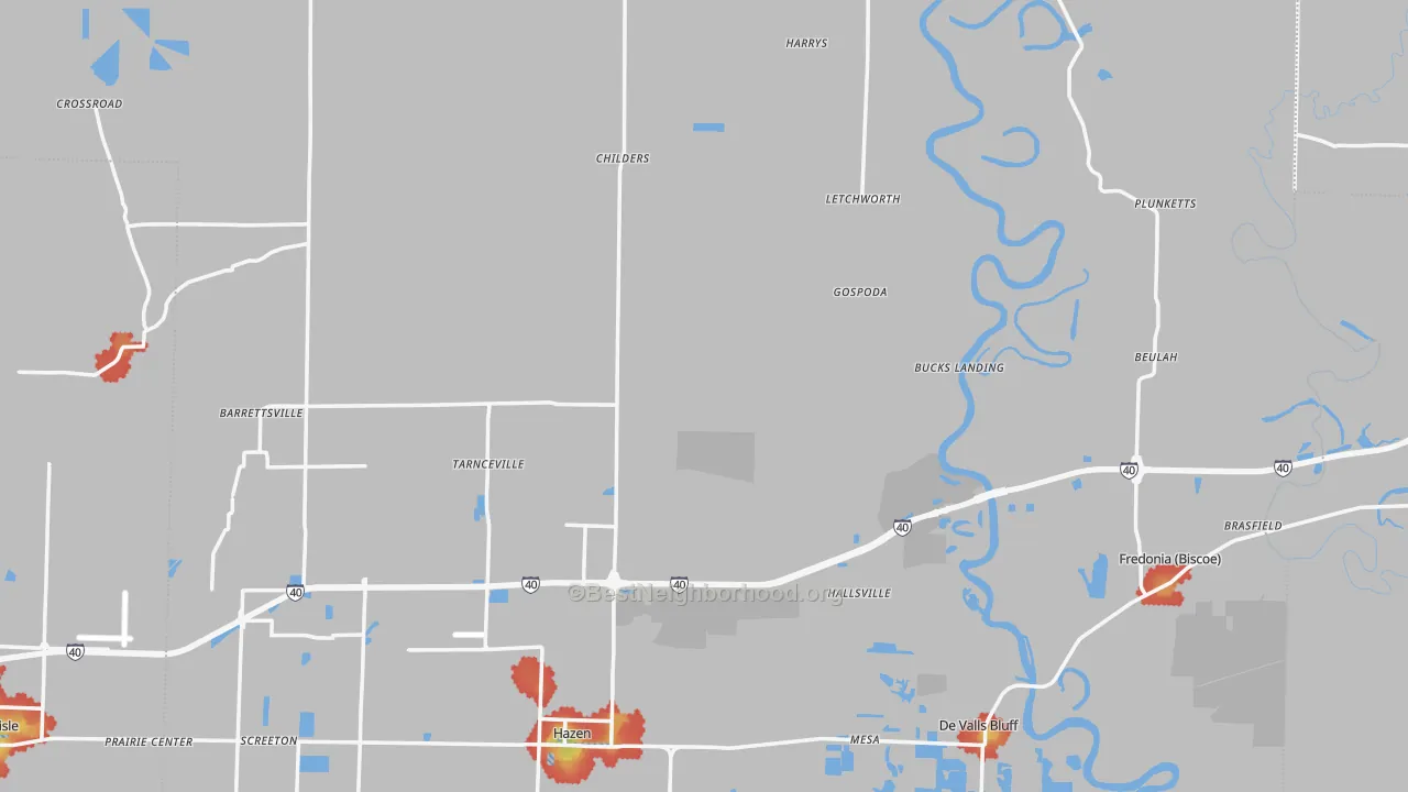Walk Grade map of Prairie County, AR, walkable areas in green and car-dependent areas in red