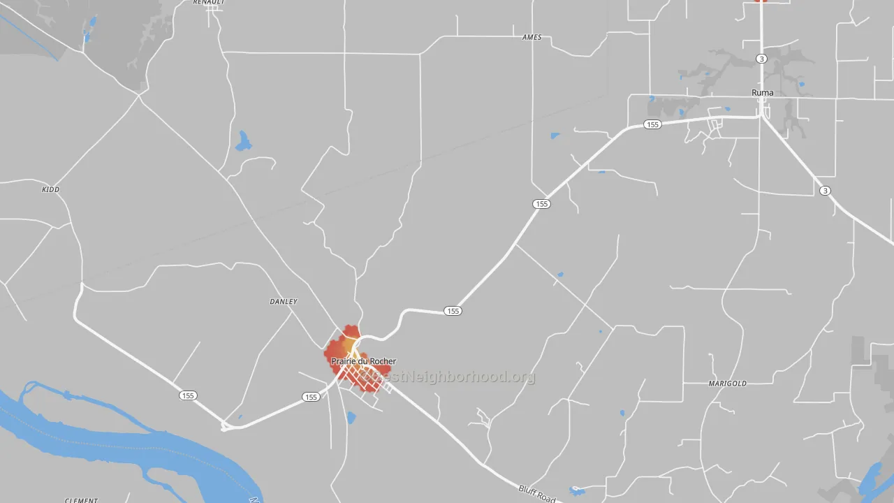Walk Grade map of Prairie Du Rocher, IL, walkable areas in green and car-dependent areas in red