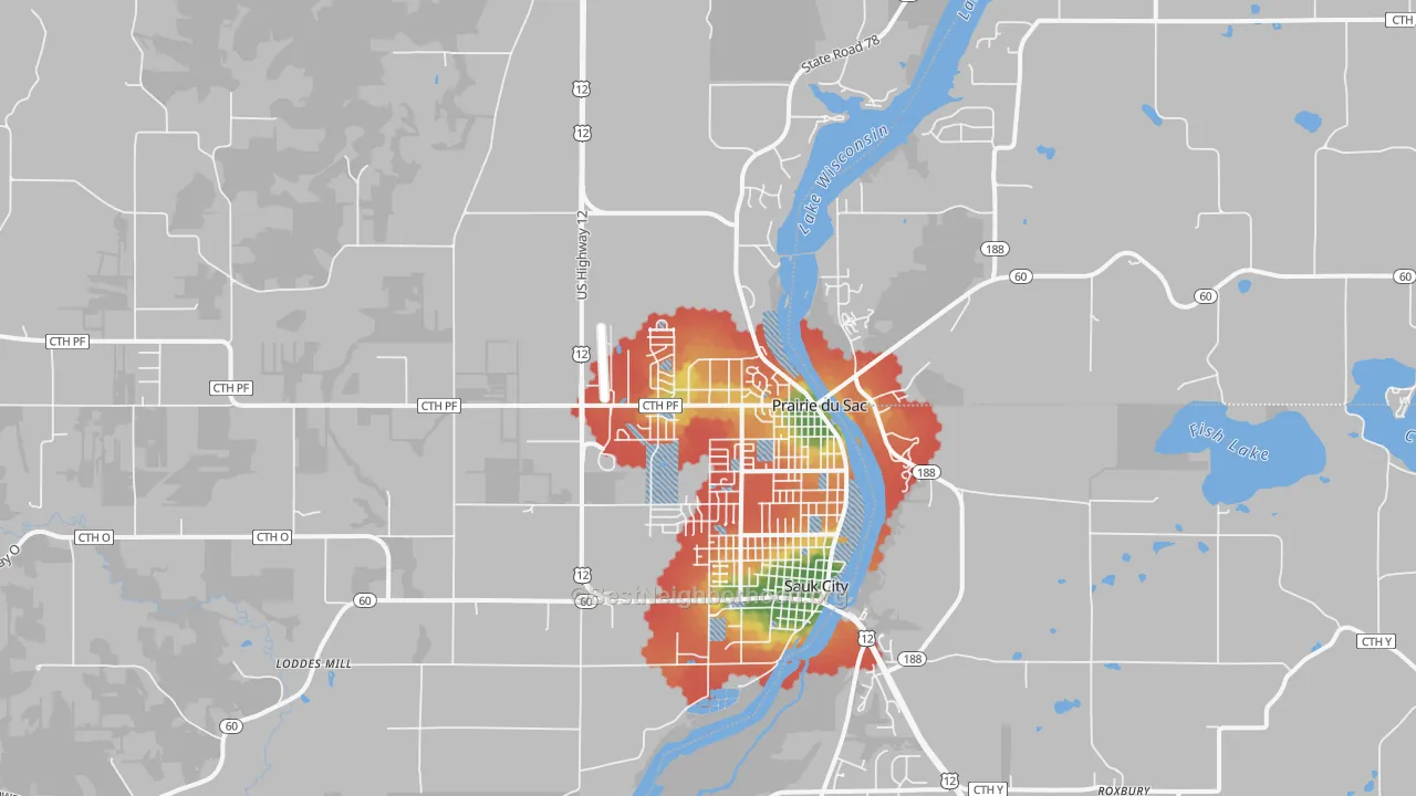 Walk Grade map of Prairie Du Sac, WI, walkable areas in green and car-dependent areas in red