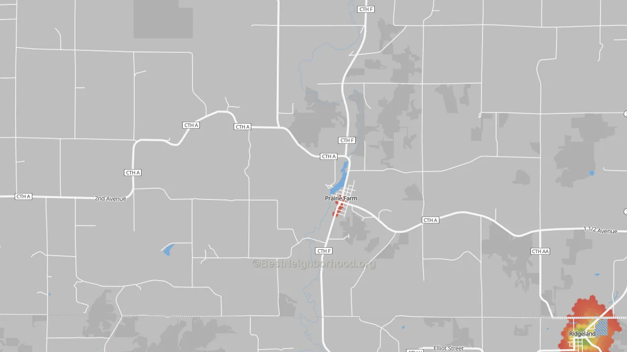Walk Grade map of Prairie Farm, WI, walkable areas in green and car-dependent areas in red
