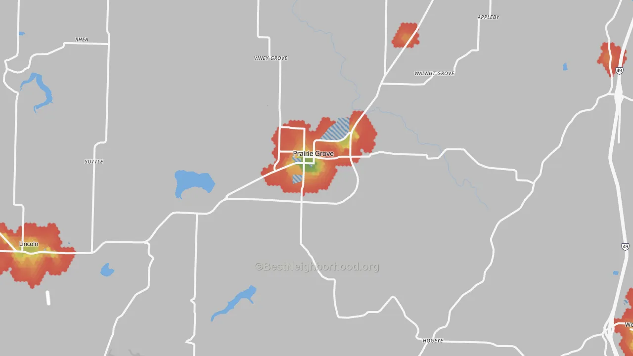 Walk Grade map of Prairie Grove, AR, walkable areas in green and car-dependent areas in red