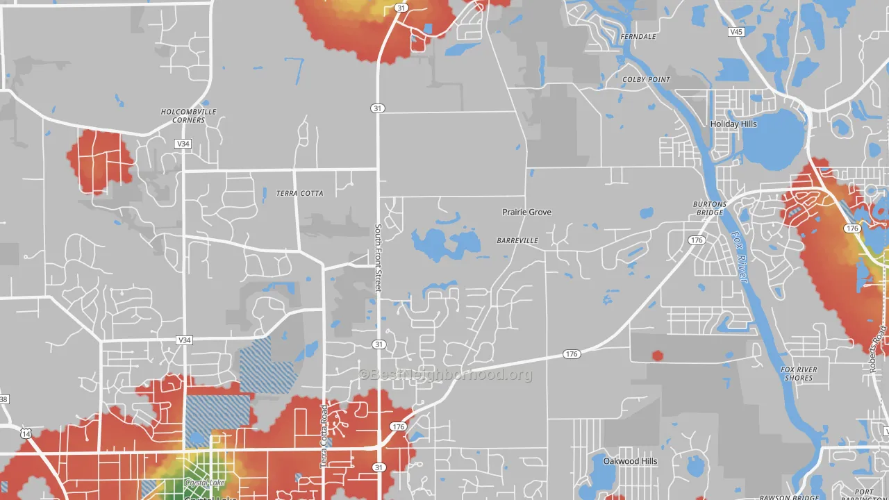 Walk Grade map of Prairie Grove, IL, walkable areas in green and car-dependent areas in red