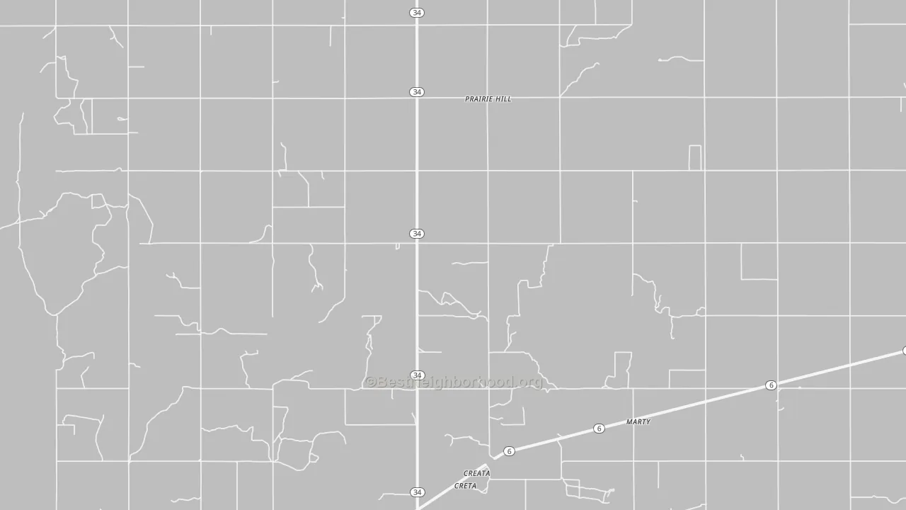 Walk Grade map of Prairie Hill, OK, walkable areas in green and car-dependent areas in red