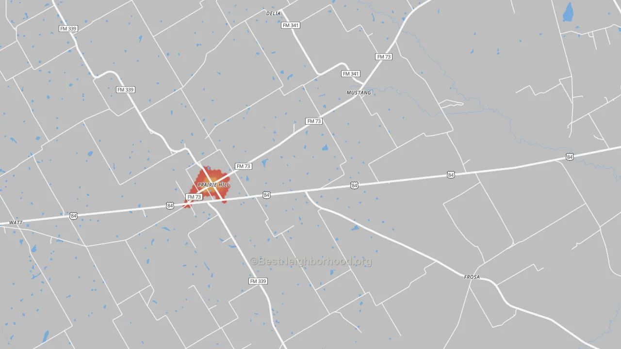 Walk Grade map of Prairie Hill, TX, walkable areas in green and car-dependent areas in red
