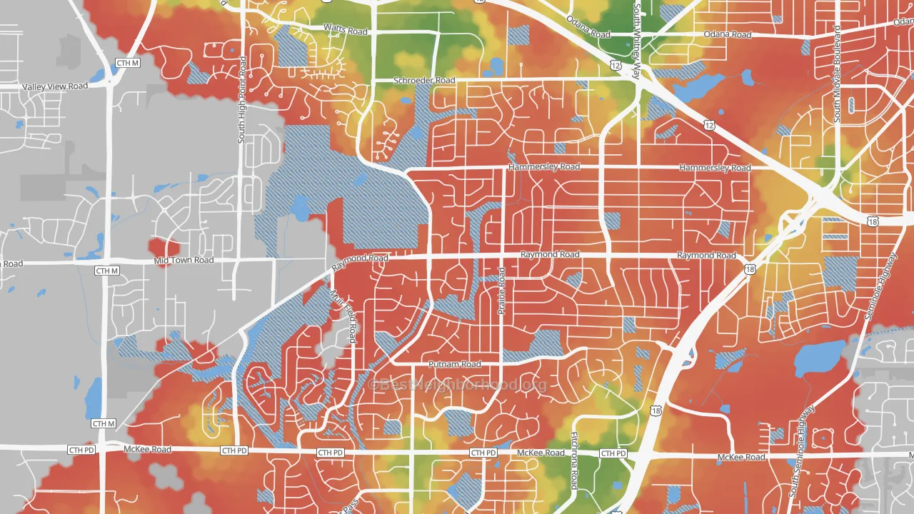 Walk Grade map of Prairie Hills, Madison, WI, walkable areas in green and car-dependent areas in red