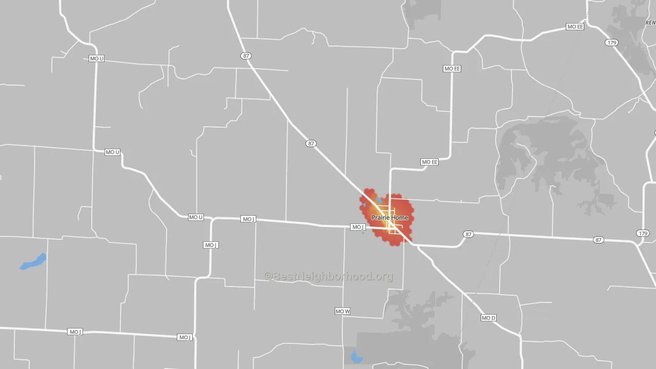 Walk Grade map of Prairie Home, MO, walkable areas in green and car-dependent areas in red