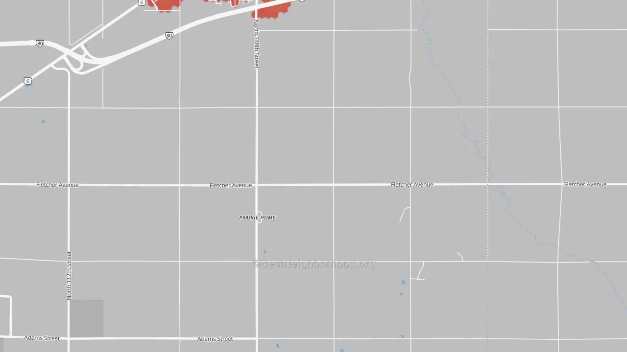 Walk Grade map of Prairie Home, NE, walkable areas in green and car-dependent areas in red
