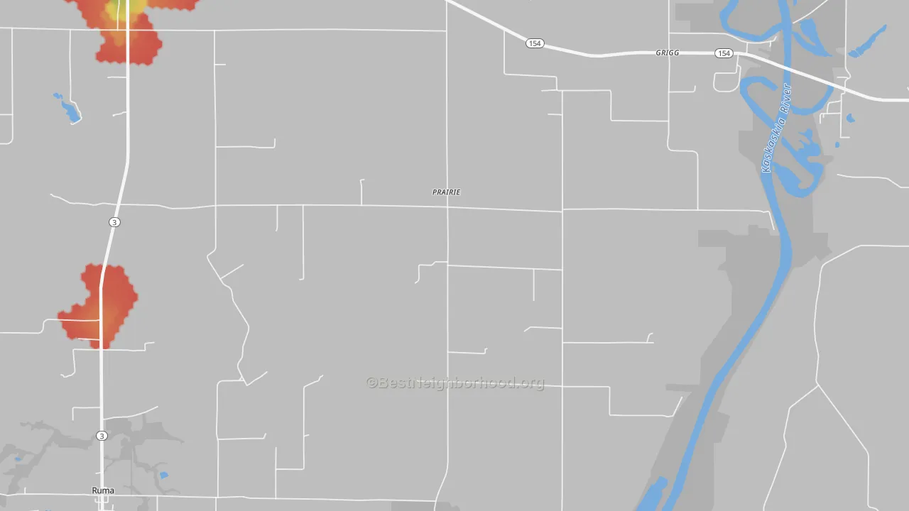 Walk Grade map of Prairie, IL, walkable areas in green and car-dependent areas in red