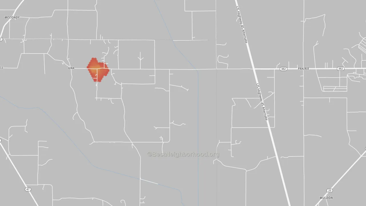 Walk Grade map of Prairie, MS, walkable areas in green and car-dependent areas in red