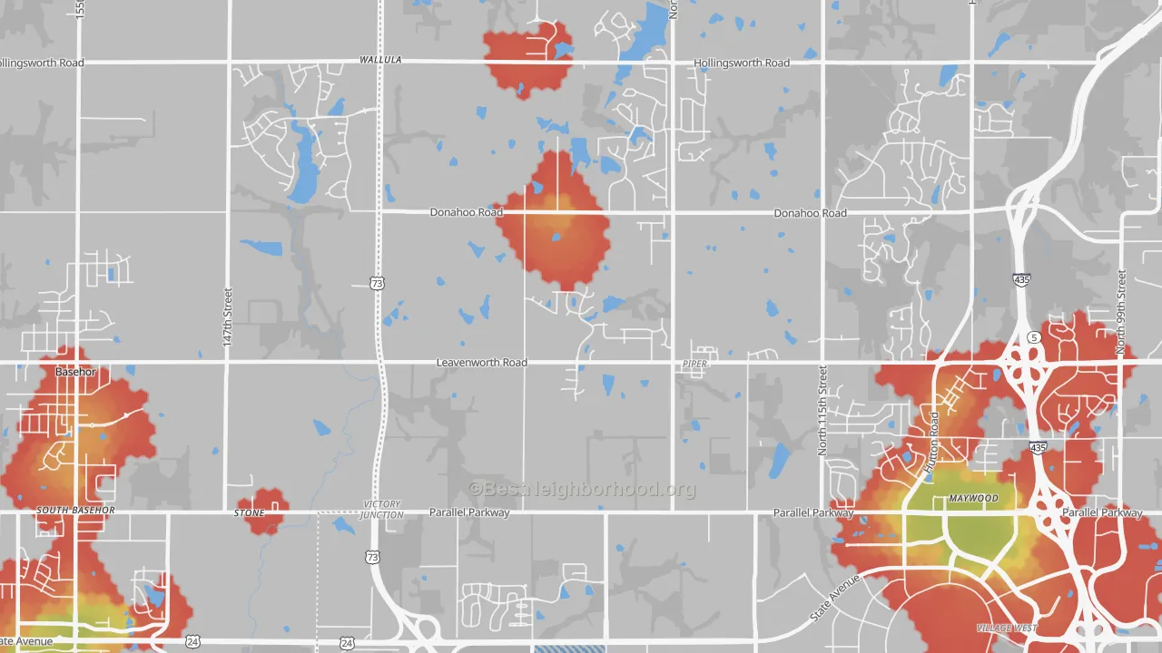 Walk Grade map of Prairie-Piper-KC-KS, Kansas City, KS, walkable areas in green and car-dependent areas in red