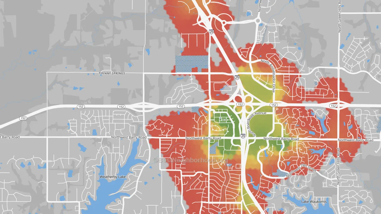Walk Grade map of Prairie Point-Wildberry, Kansas City, MO, walkable areas in green and car-dependent areas in red