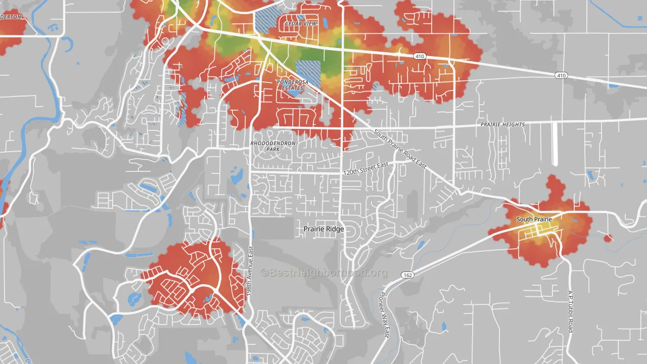 Walk Grade map of Prairie Ridge, WA, walkable areas in green and car-dependent areas in red