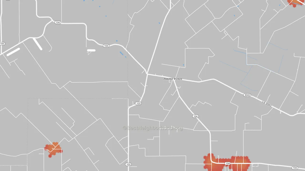 Walk Grade map of Prairie Ronde, LA, walkable areas in green and car-dependent areas in red