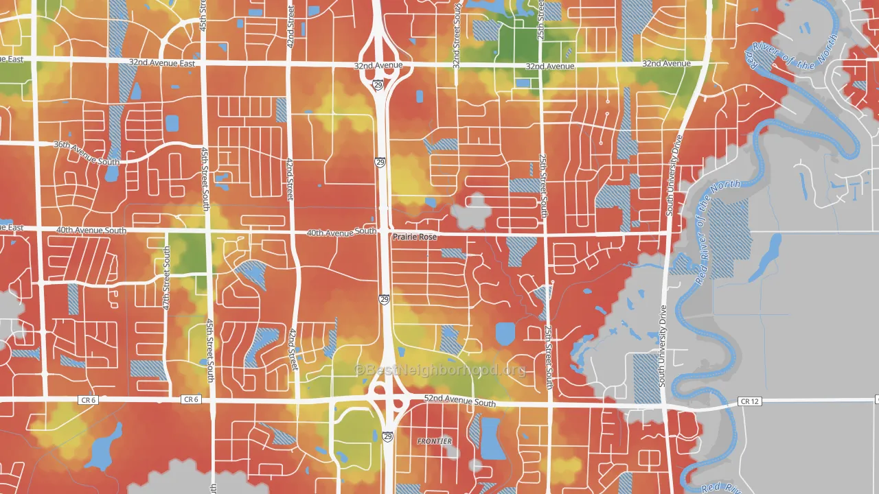 Walk Grade map of Prairie Rose, ND, walkable areas in green and car-dependent areas in red