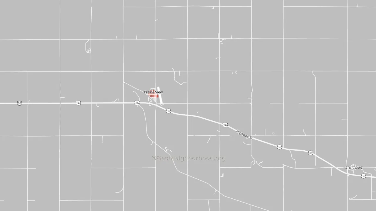 Walk Grade map of Prairie View, KS, walkable areas in green and car-dependent areas in red