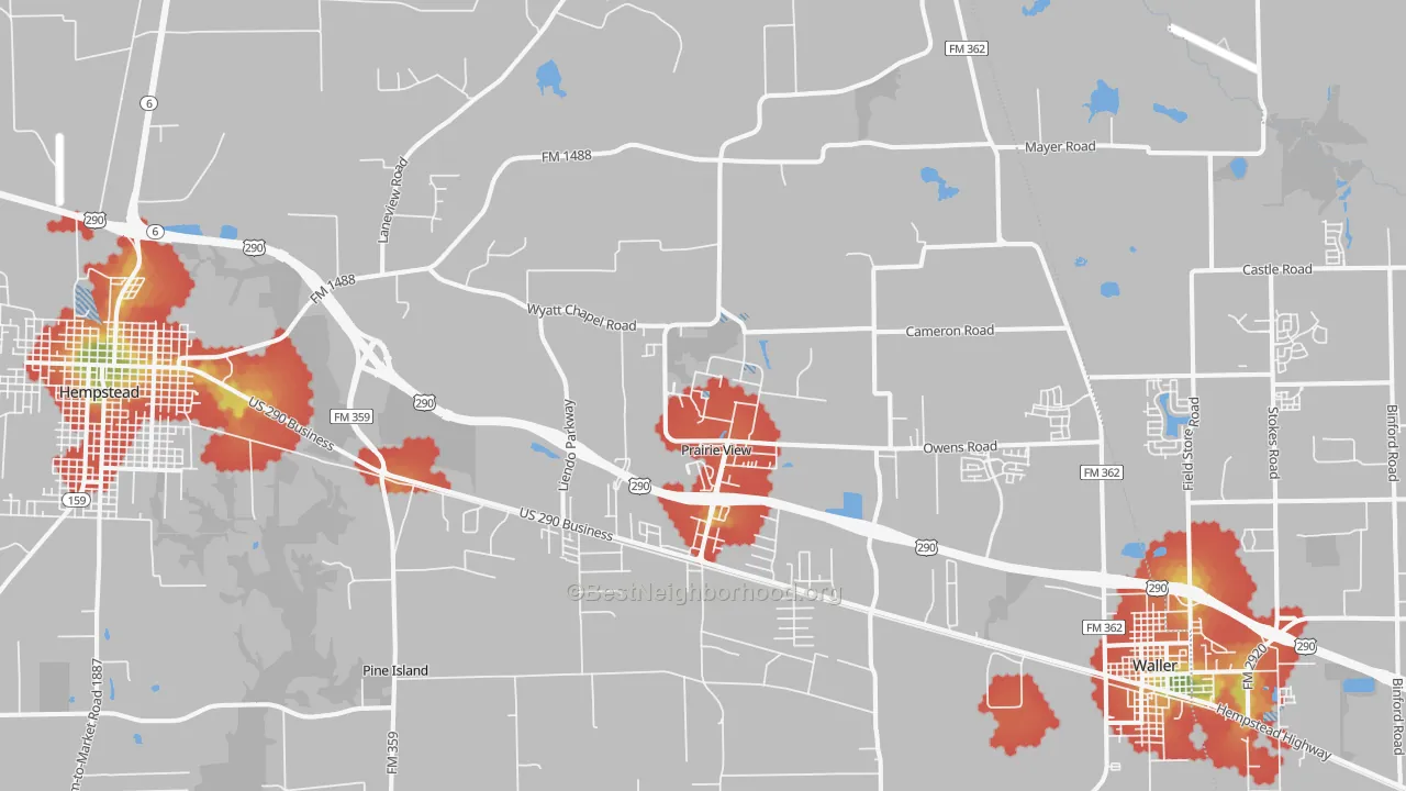 Walk Grade map of Prairie View, TX, walkable areas in green and car-dependent areas in red