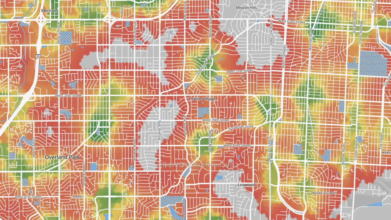 Walk Grade map of Prairie Village, KS, walkable areas in green and car-dependent areas in red