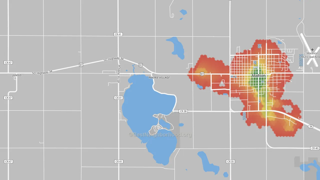 Walk Grade map of Prairie Village, SD, walkable areas in green and car-dependent areas in red